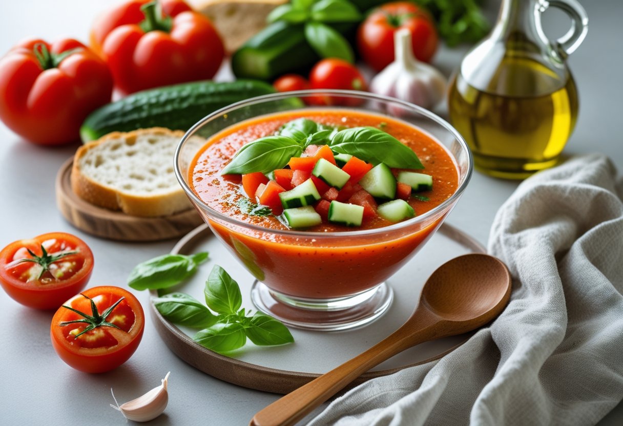 A bowl of red gazpacho soup garnished with chopped vegetables and fresh herbs, surrounded by fresh tomatoes, cucumbers, bell peppers, garlic, bread, and olive oil on a kitchen countertop.