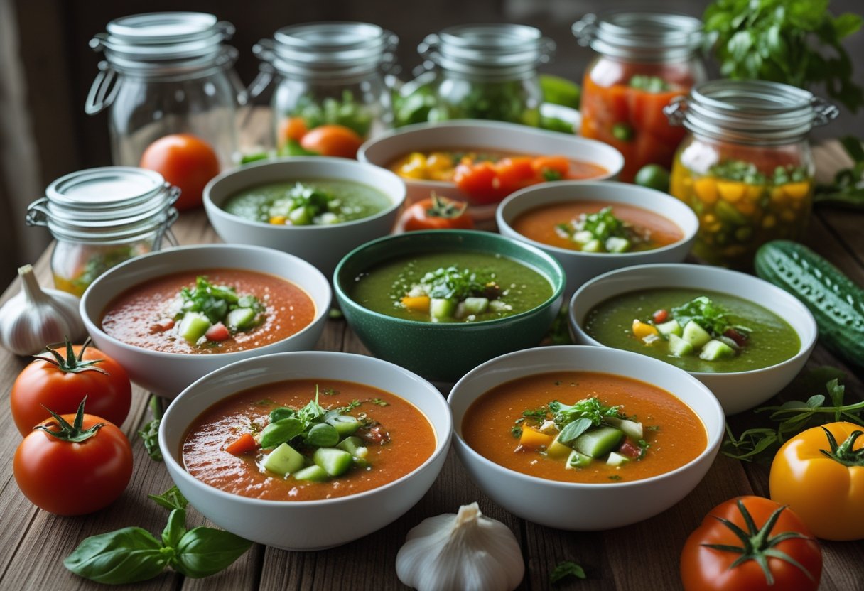 Several bowls of colorful gazpacho soups with fresh vegetables and herbs on a wooden table, alongside glass jars for storing the soup.