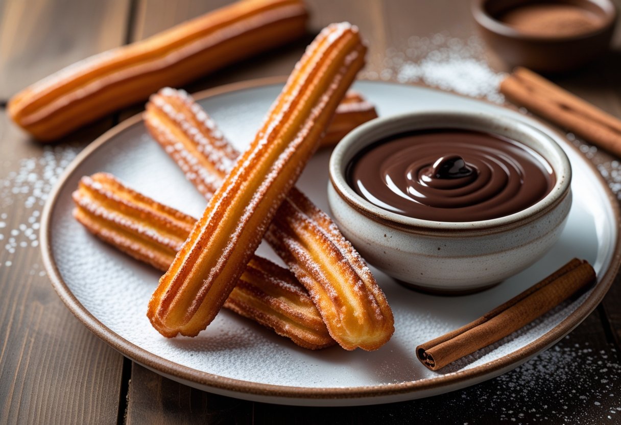 Plate of golden churros with a bowl of thick chocolate sauce on a wooden table.
