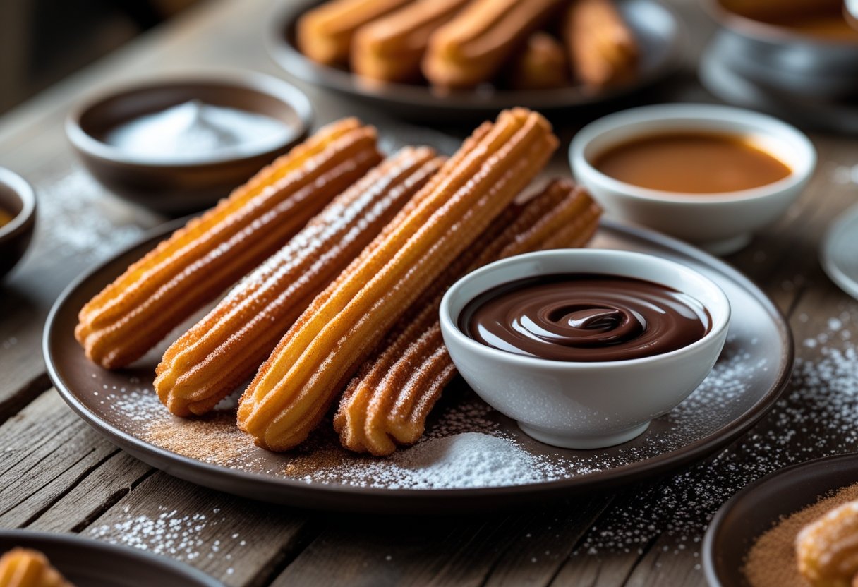 Plate of churros with bowls of melted chocolate and caramel sauce on a wooden table.