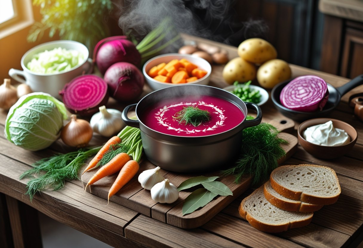 A wooden table with fresh vegetables, a steaming pot of red borscht soup, a bowl of sour cream, and slices of rye bread.