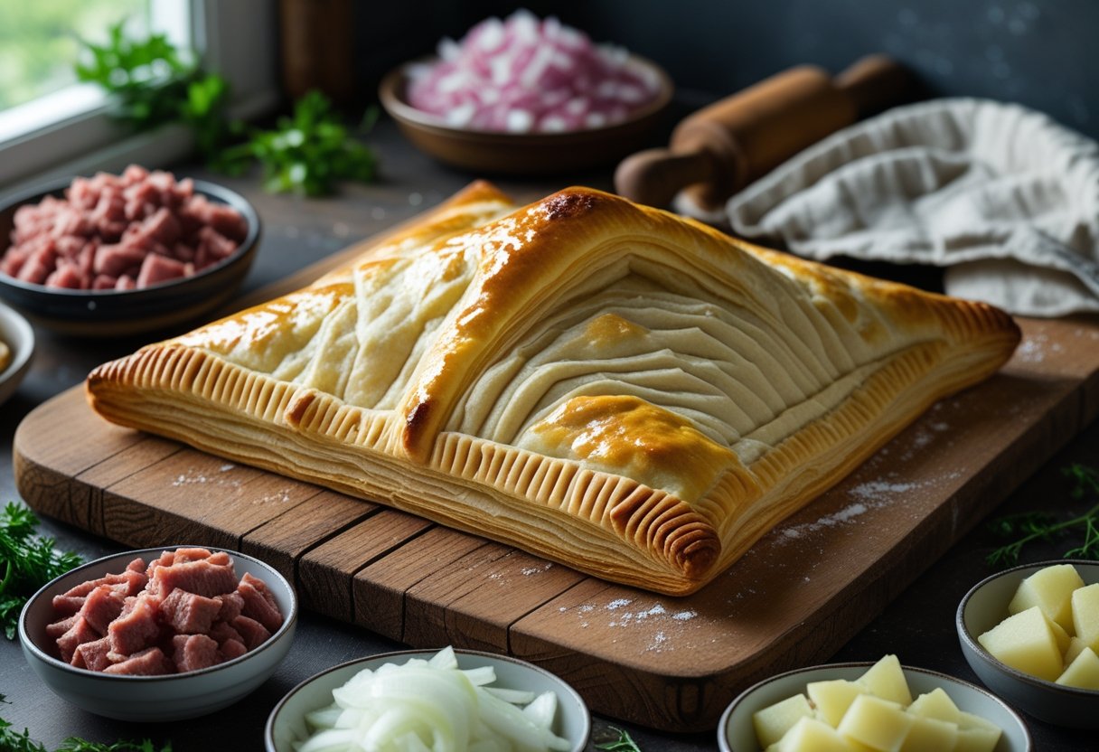 A freshly baked triangular echpochmak pastry on a wooden cutting board with bowls of diced beef, onions, and potatoes nearby in a kitchen setting.