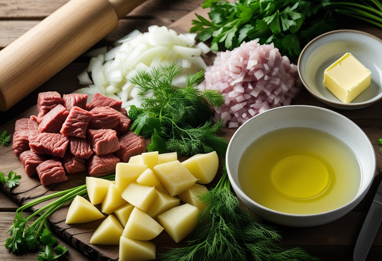A wooden surface with diced meat, chopped onions, cubed potatoes, fresh herbs, a bowl of filling mixture, and kitchen tools arranged for making Echpochmak.
