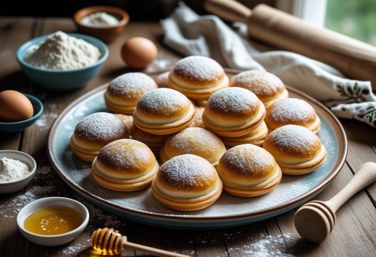 Freshly baked round pastries on a wooden table with baking ingredients and kitchen tools around them.