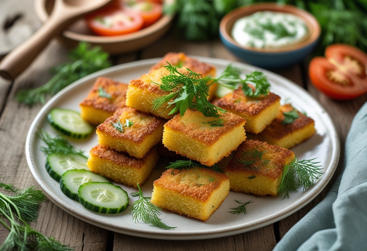 A plate of crispy Barabulka served with fresh herbs, dipping sauce, and sliced vegetables on a wooden table.