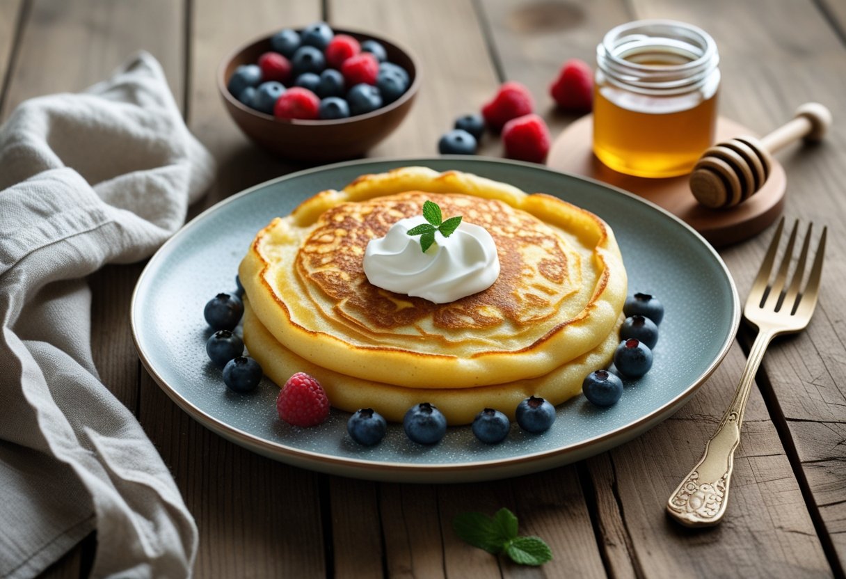 A plate of golden syrniki with sour cream and fresh berries on a wooden table with a fork and honey jar.