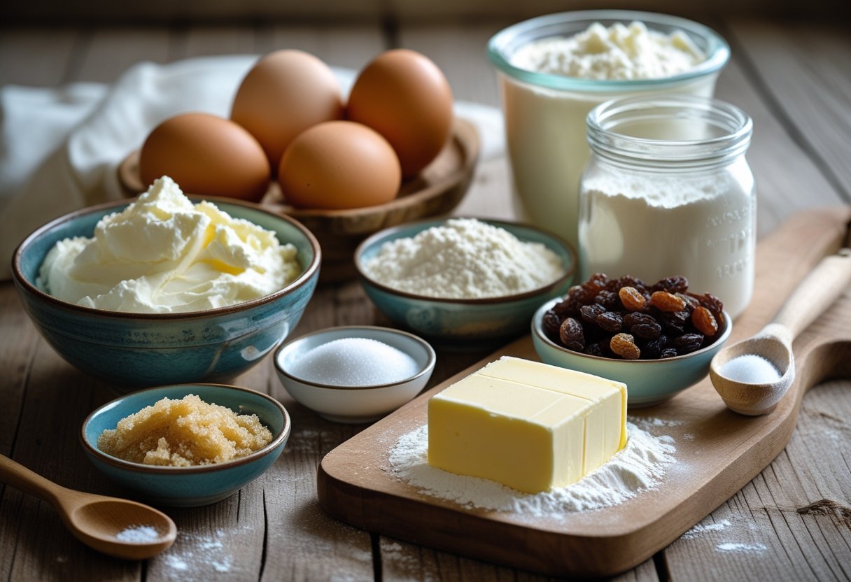 A wooden table with bowls of farmer's cheese, flour, eggs, sugar, raisins, sour cream, and butter arranged for making syrniki.