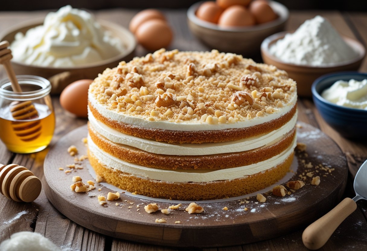 A multi-layered honey cake on a wooden table surrounded by ingredients like honey, eggs, and flour.