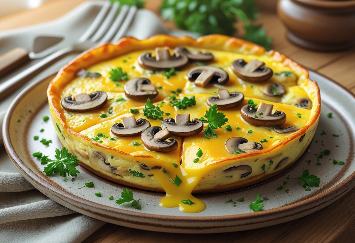 A plate with a golden cheesy mushroom frittata garnished with fresh herbs on a wooden table.