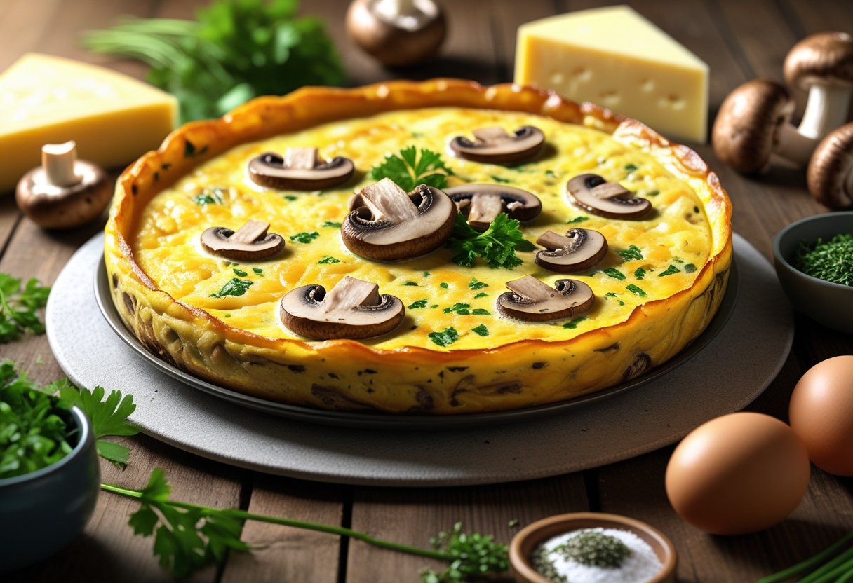A golden-brown cheesy mushroom frittata on a wooden table surrounded by fresh mushrooms, cheese, eggs, and herbs.