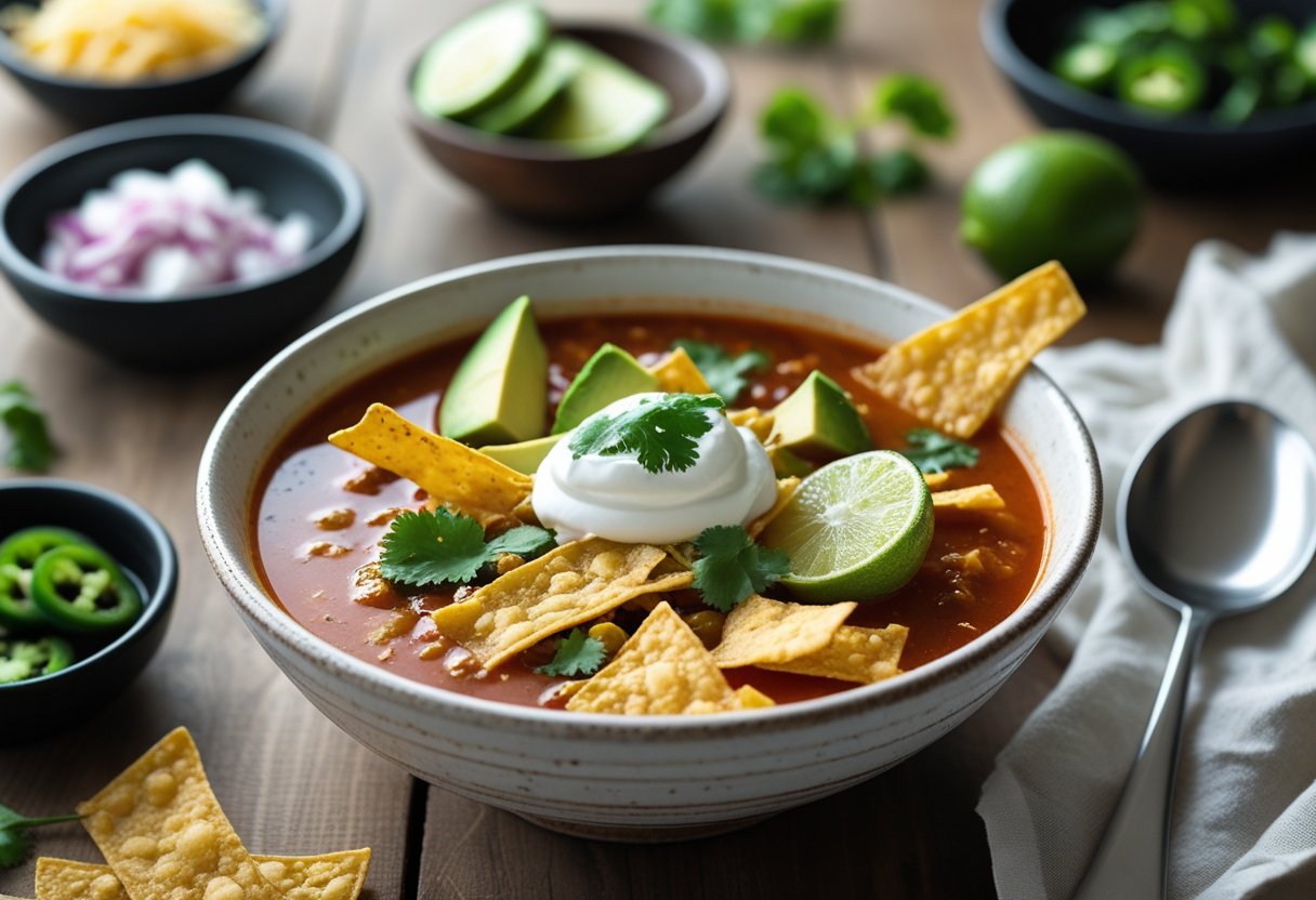 A bowl of tortilla soup garnished with tortilla strips, avocado, cilantro, sour cream, and lime on a wooden table with small bowls of additional toppings nearby.