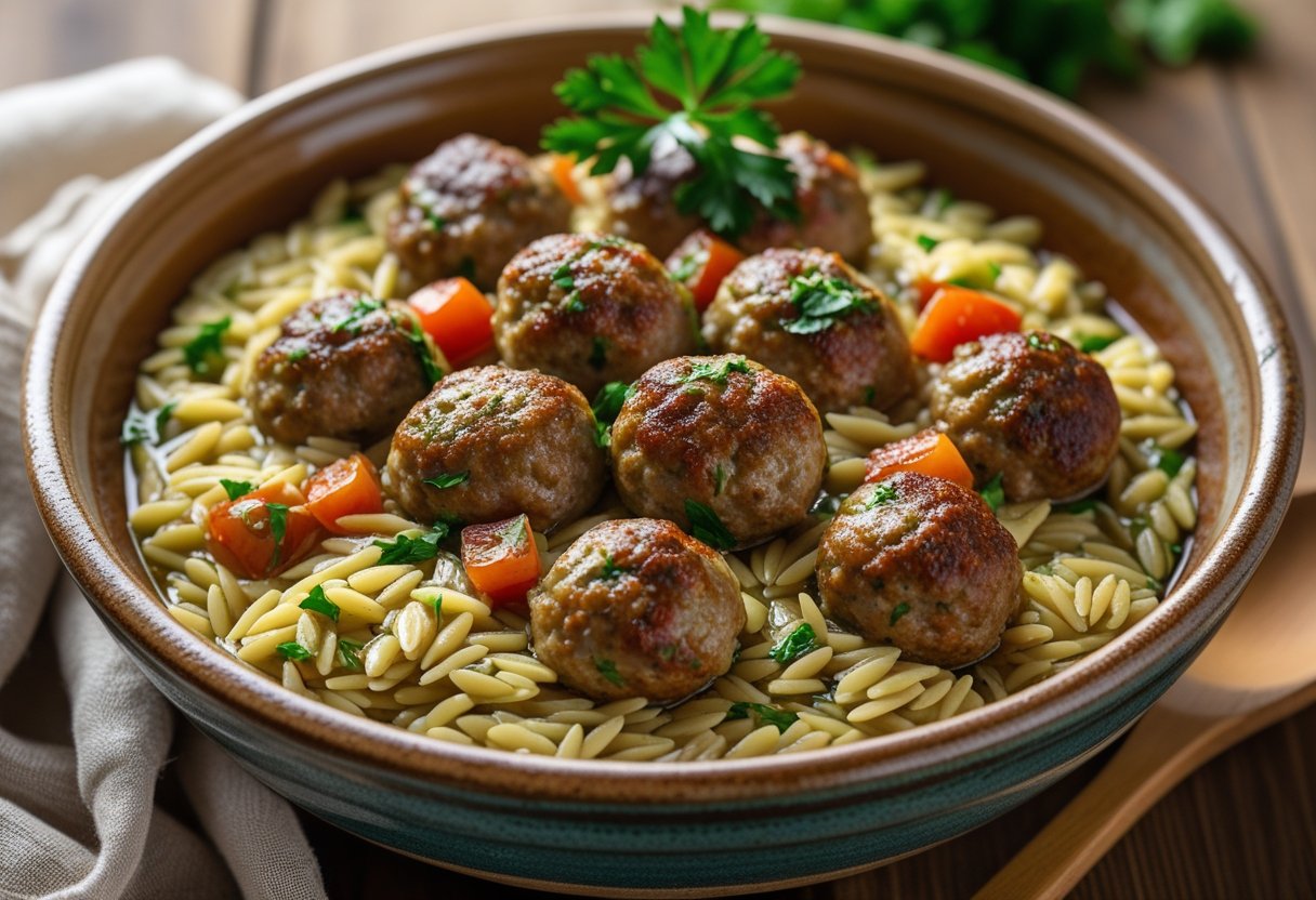 A bowl of sausage meatballs and orzo pasta garnished with fresh parsley on a wooden table.