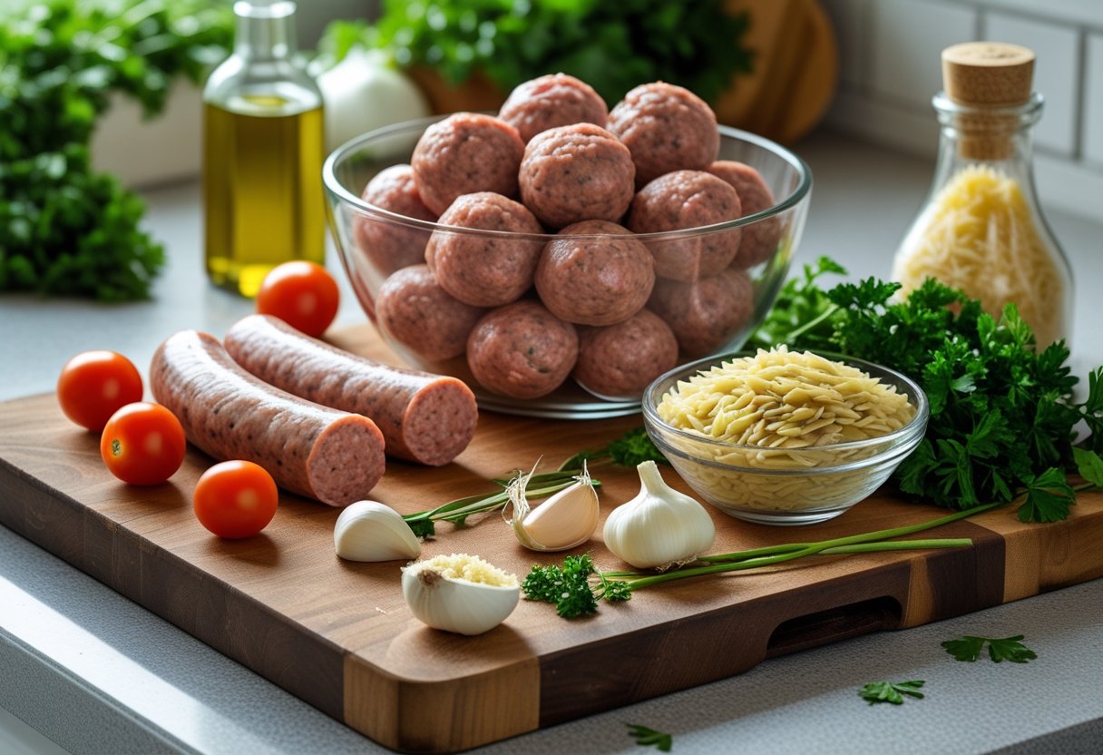 A kitchen countertop with raw sausage meatballs, orzo pasta, cherry tomatoes, onions, garlic, parsley, Parmesan cheese, and olive oil arranged on a wooden cutting board and bowls.