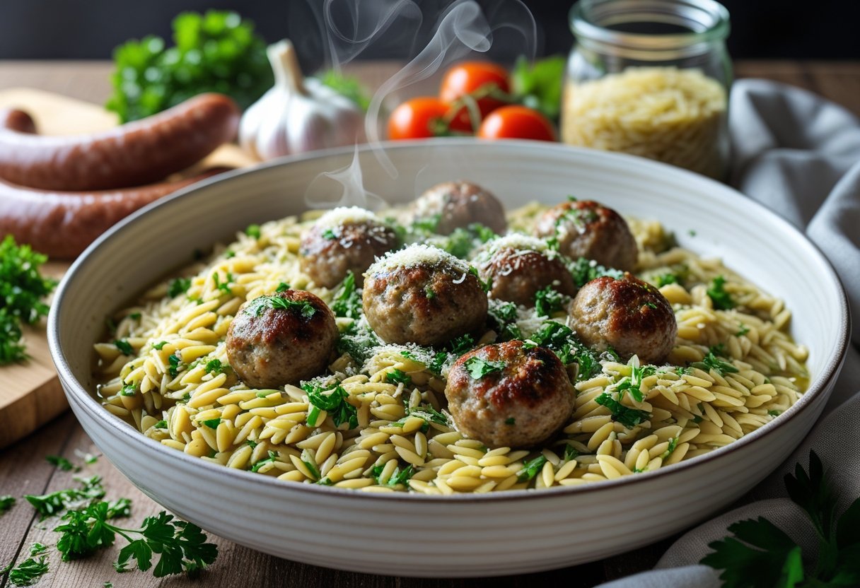 A bowl of sausage meatballs and orzo pasta garnished with herbs and cheese on a wooden table surrounded by fresh ingredients.