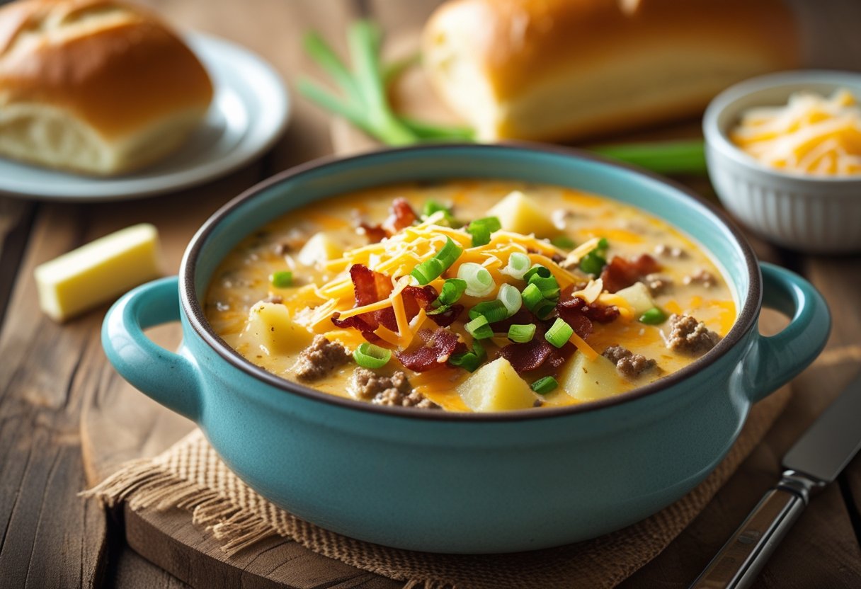A bowl of creamy cheeseburger soup with ground beef, cheese, potatoes, and bacon, garnished with green onions, on a wooden table with a bread roll beside it.