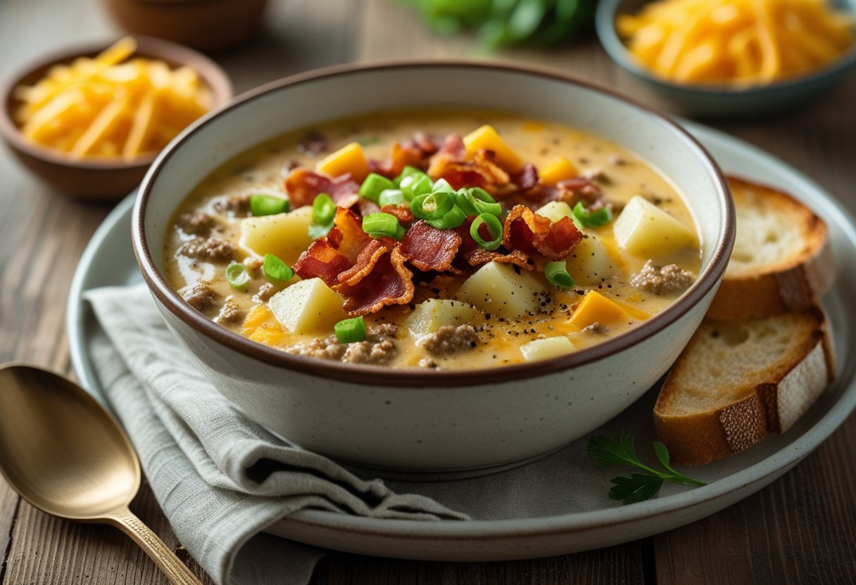 A bowl of creamy cheeseburger soup with ground beef, cheese, potatoes, and bacon, garnished with green onions, on a wooden table with bread slices nearby.
