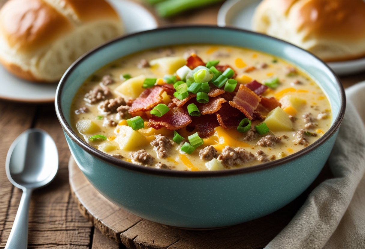 A bowl of cheeseburger soup with ground beef, cheese, bacon, and green onions on a wooden table, accompanied by bread rolls.