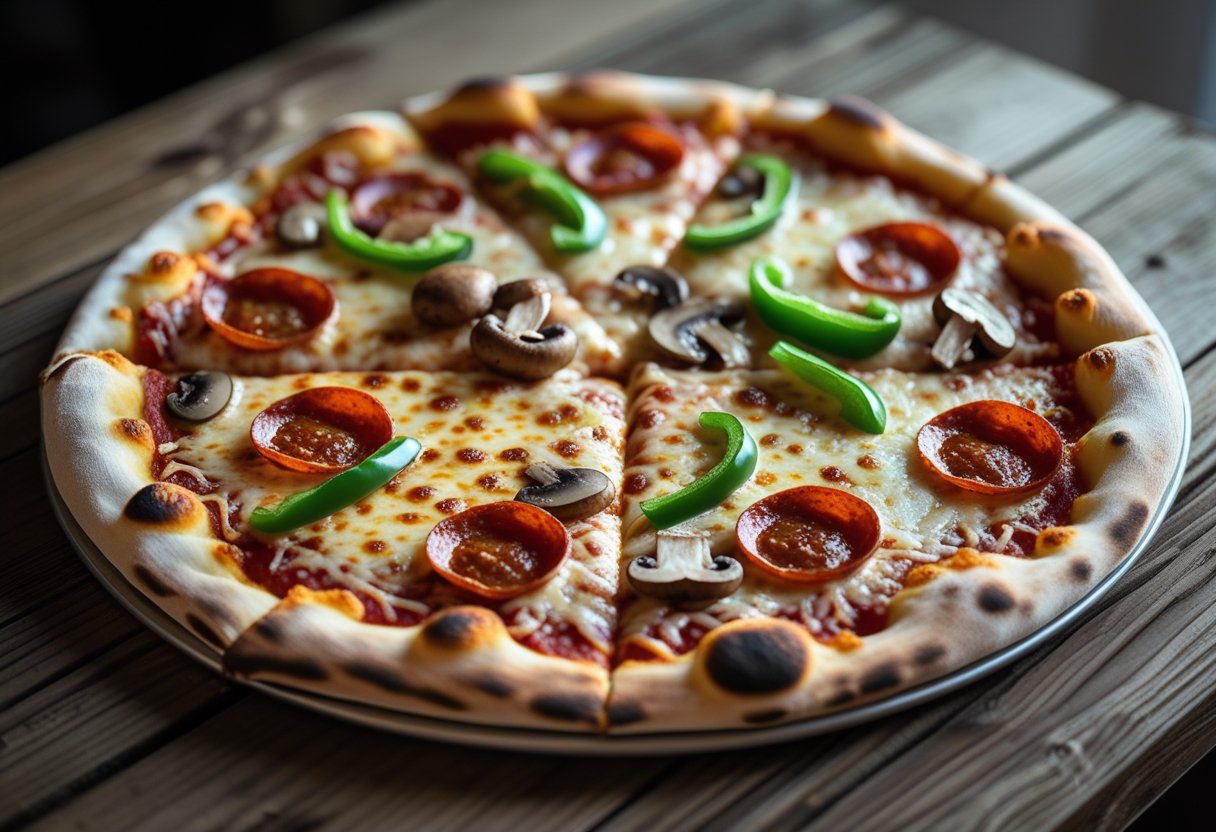 An upside down pizza with melted cheese and toppings on a wooden table.