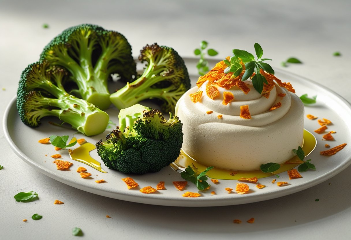 A plate with roasted broccoli and whipped tofu topped with crispy chile flakes and garnished with herbs.