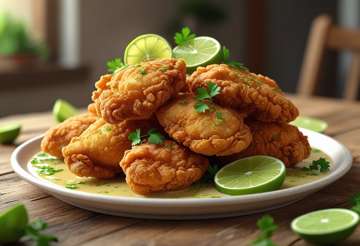 A plate of crispy fried chicken pieces topped with lime butter sauce, garnished with lime slices and green herbs on a wooden table.