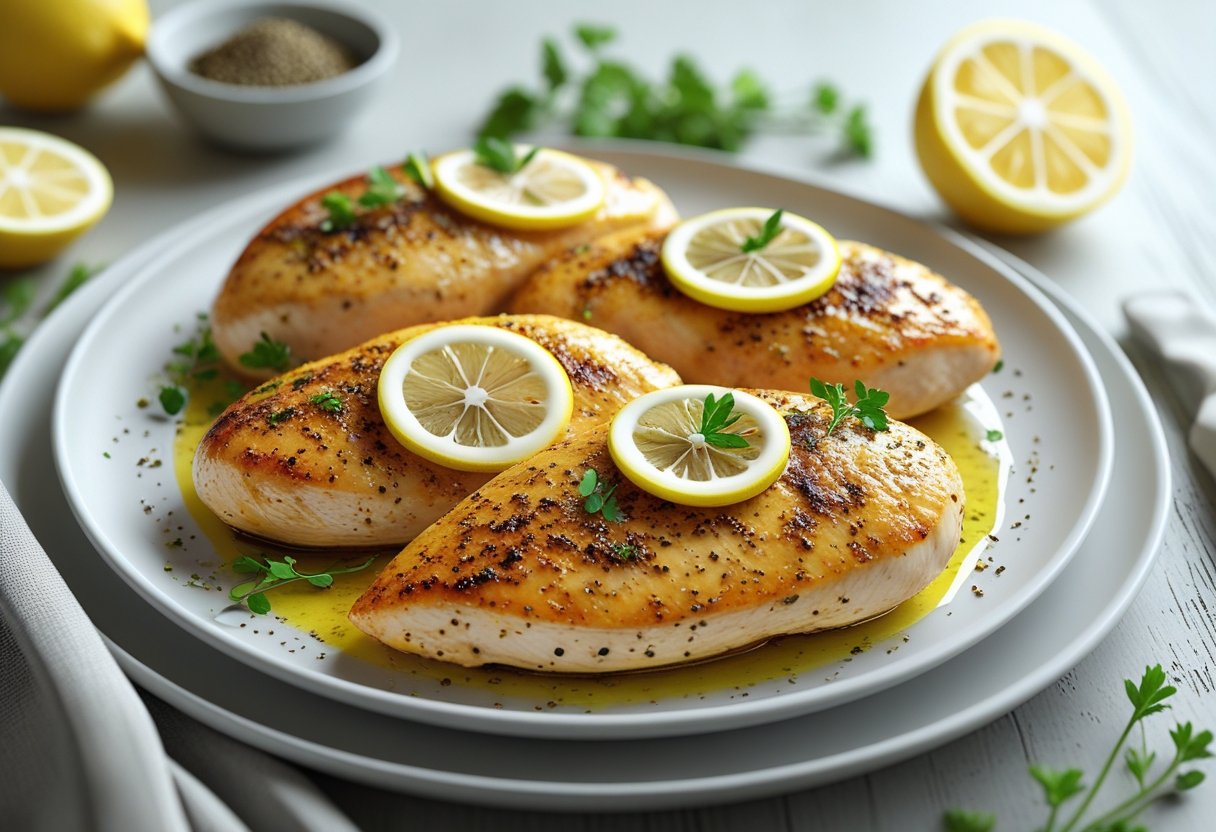 A plate with lemon-pepper chicken breasts garnished with lemon slices and fresh herbs on a wooden table.