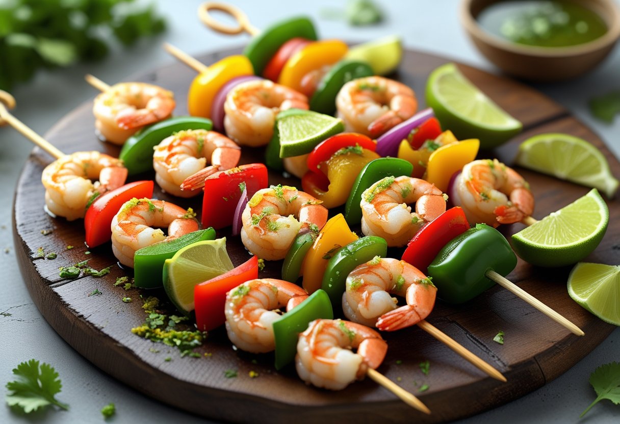A serving platter with shrimp kebabs featuring shrimp, colorful bell peppers, red onions, and lime wedges, garnished with fresh herbs.