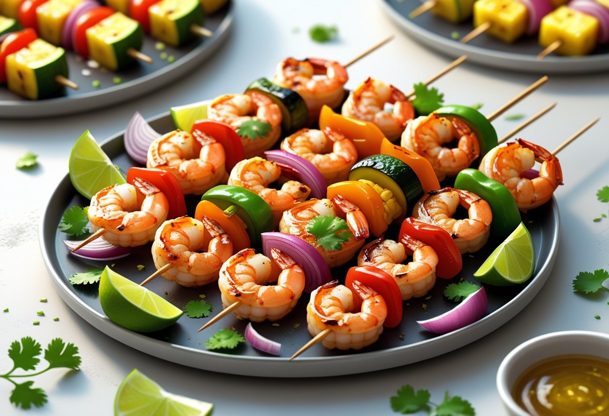 A platter of grilled shrimp kebabs with colorful vegetables and lime wedges, accompanied by a small bowl of dipping sauce.