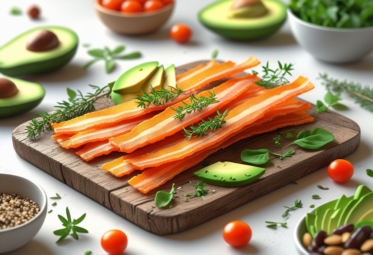 A serving board with crispy vegan carrot bacon strips, fresh herbs, avocado slices, cherry tomatoes, and mixed greens arranged attractively on a wooden table.