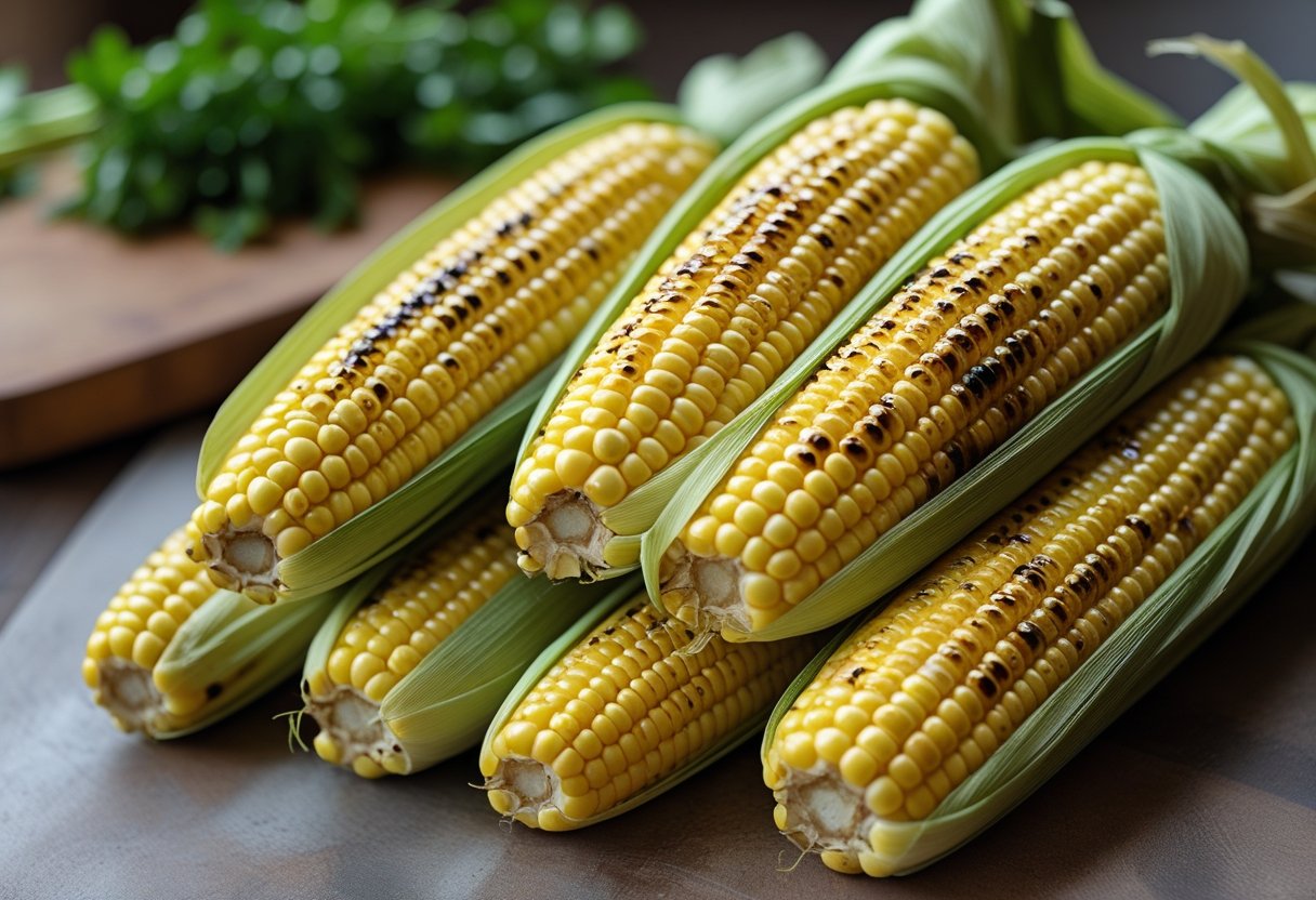 Several ears of grilled corn partially wrapped in green husks on a wooden surface.