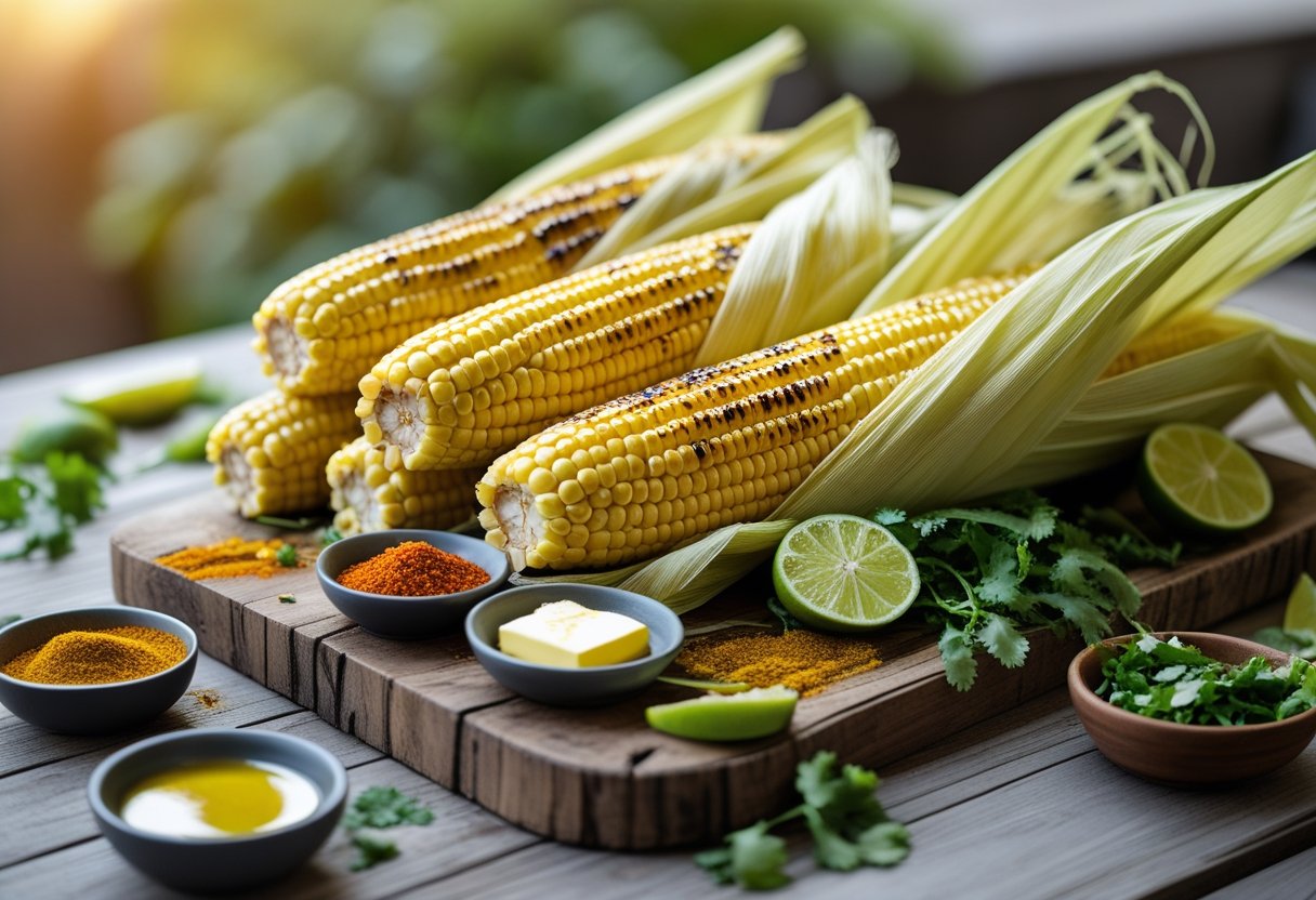 Grilled corn in husks partially peeled back on a wooden board with bowls of butter, chili powder, lime wedges, and fresh herbs nearby.