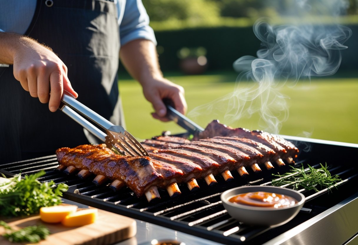 A person grilling ribs on a barbecue grill outdoors in a sunny backyard.