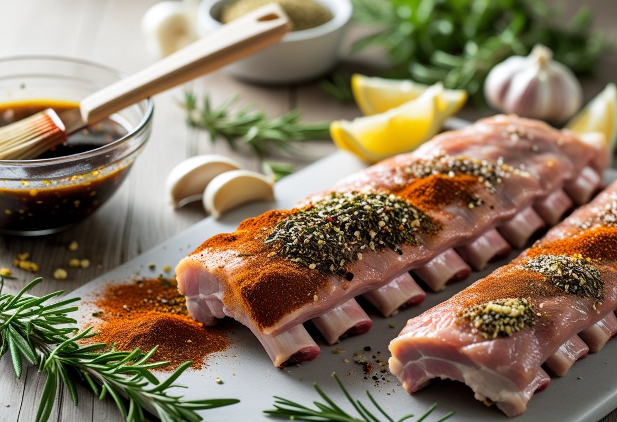Close-up of raw pork ribs being seasoned and marinated on a wooden countertop with spices, herbs, and a bowl of marinade nearby.