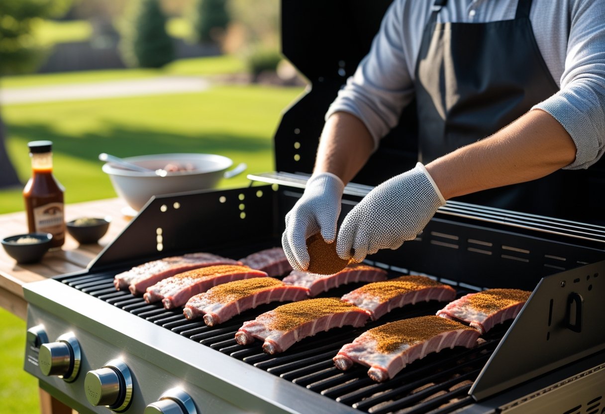A person seasoning raw ribs on an open outdoor grill with spices and barbecue sauce nearby in a sunny backyard.