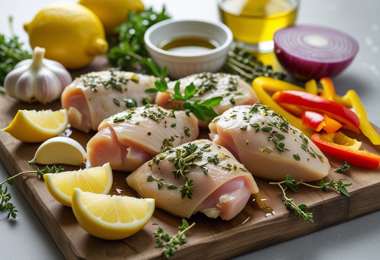 A cutting board with raw marinated chicken pieces surrounded by lemon wedges, garlic, herbs, red onions, olive oil, and bell peppers on a kitchen countertop.