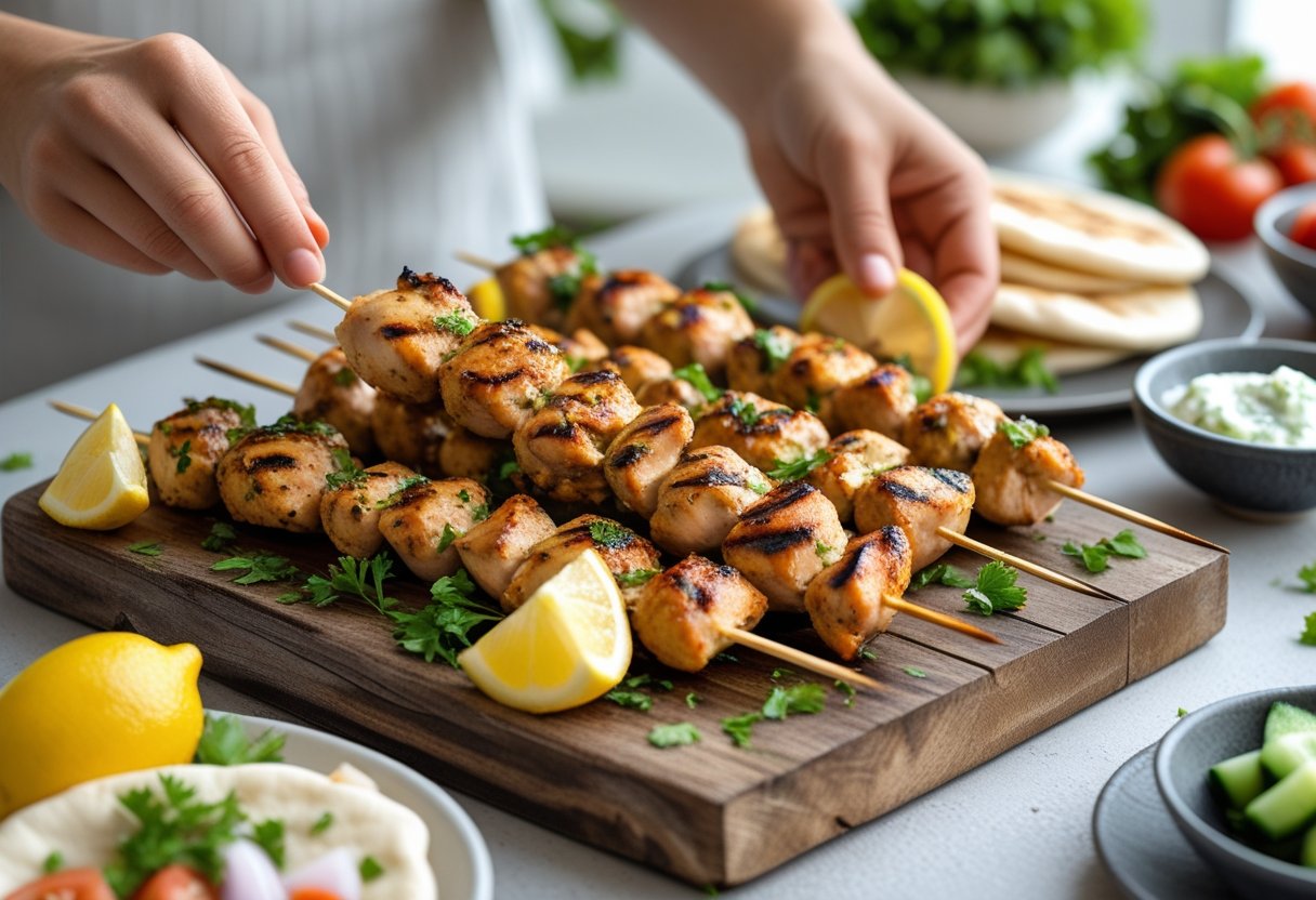 A person serving and enjoying grilled chicken souvlaki with pita bread and fresh vegetables on a wooden board.