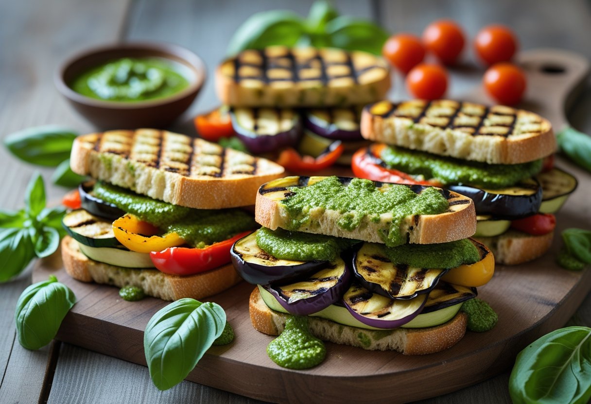 Grilled vegetable pesto sandwiches on a wooden board with fresh basil and cherry tomatoes.