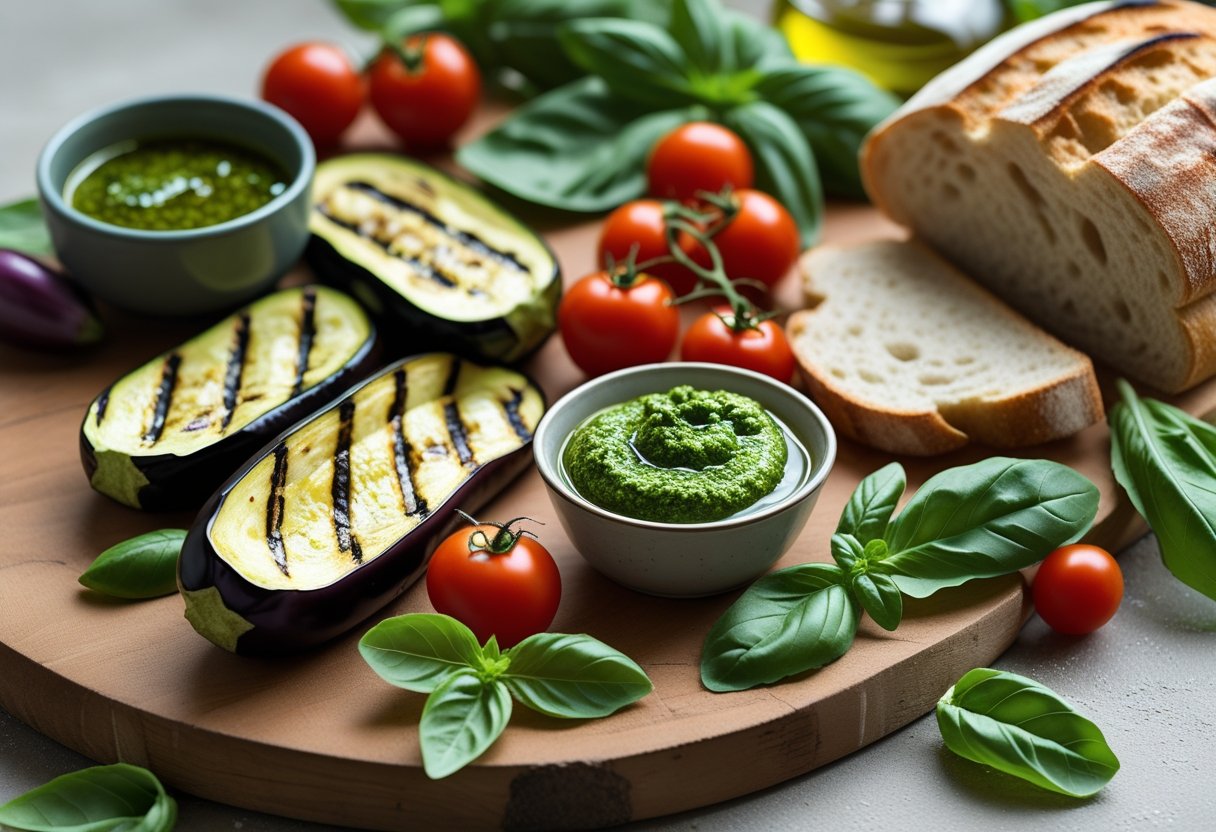 Key ingredients for grilled vegetable pesto sandwiches including grilled zucchini, eggplant, red bell peppers, pesto sauce, fresh basil, cherry tomatoes, and sliced artisan bread arranged on a wooden surface.