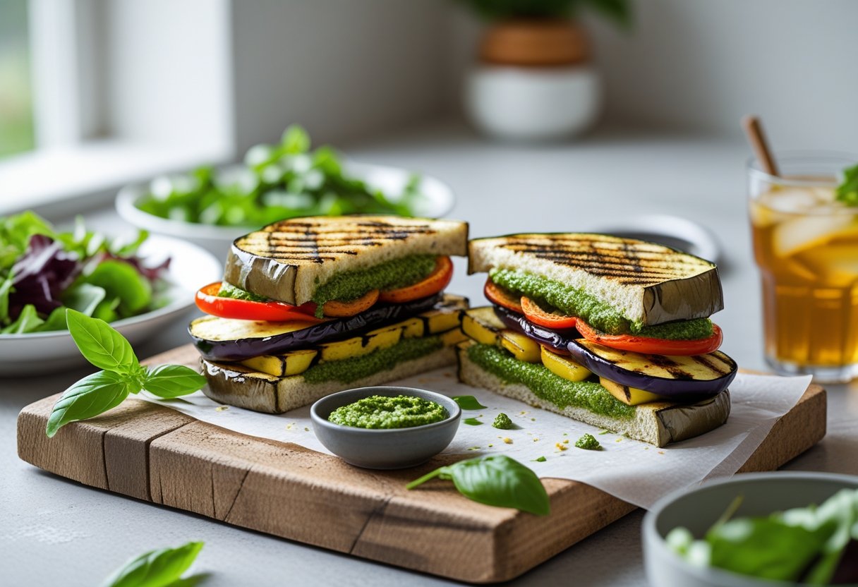 A grilled vegetable pesto sandwich cut in half on a wooden board with fresh basil, pesto sauce, a side salad, and a glass of iced tea on a kitchen counter.