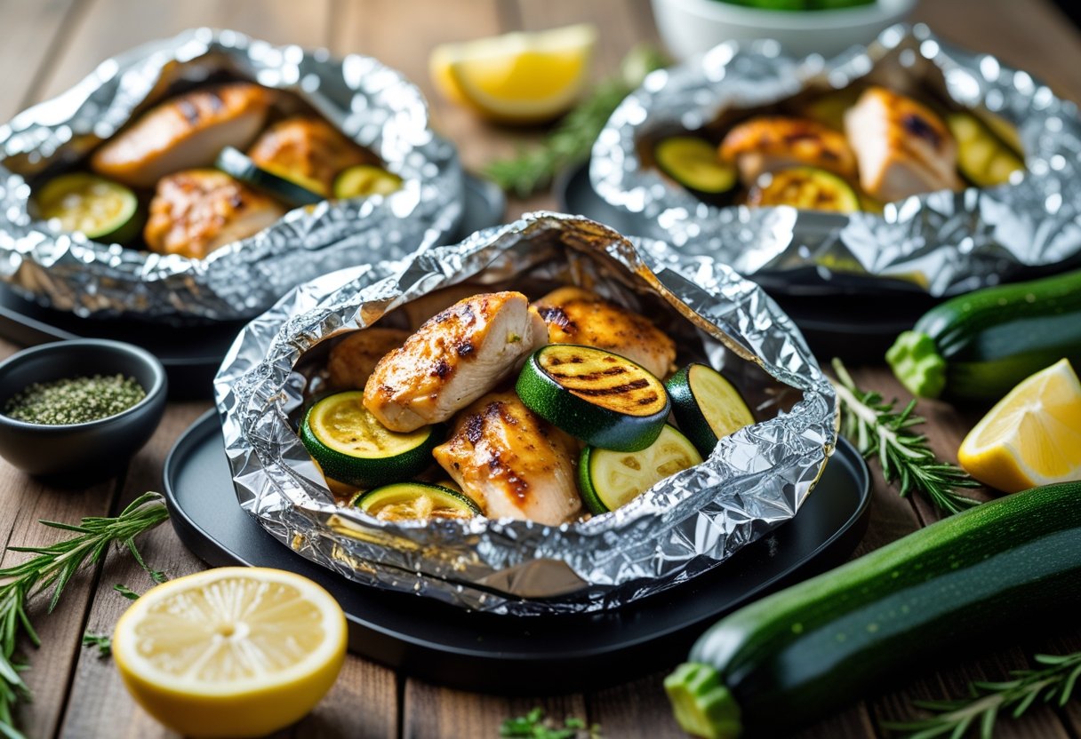 Open foil packs with grilled chicken and sliced zucchini on a wooden table surrounded by fresh ingredients.