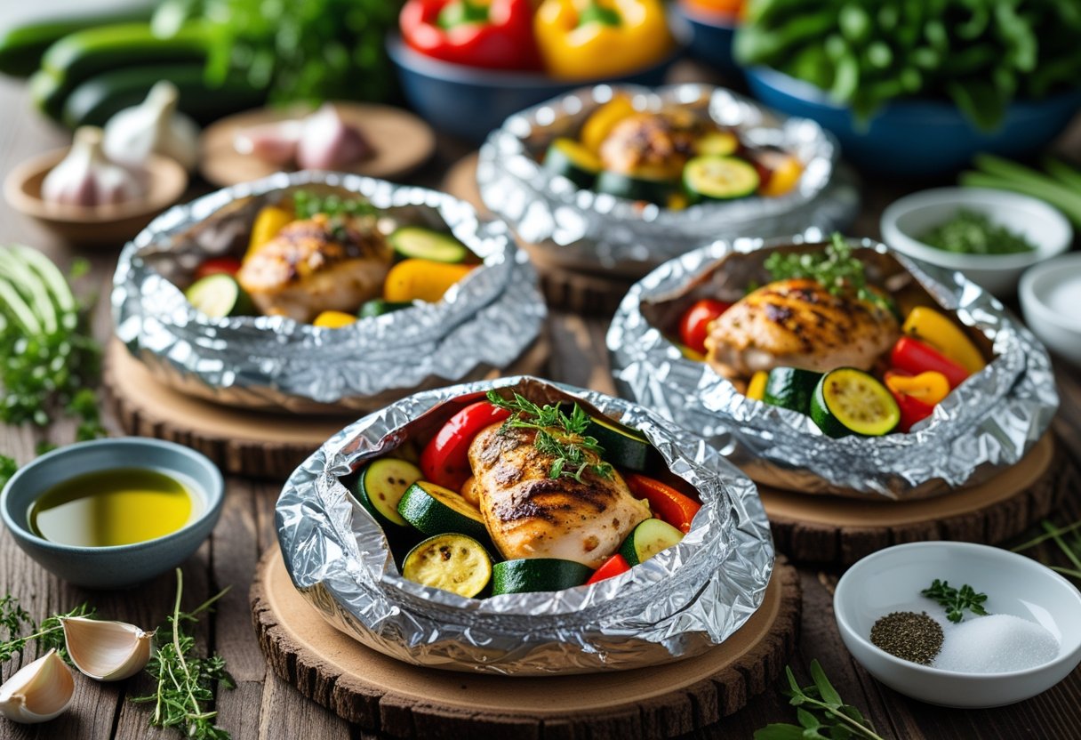 Cooked chicken and zucchini foil packs on a wooden table with bowls of ingredients nearby.