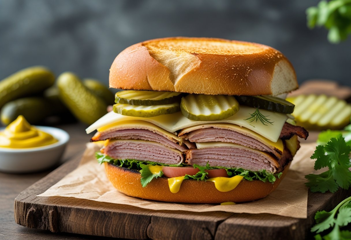 A Cuban sandwich burger cut in half on a wooden board, showing layers of pork, ham, Swiss cheese, pickles, and mustard.