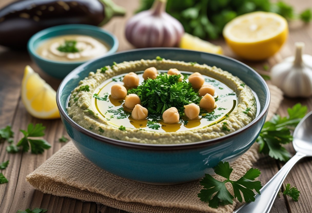 A bowl of Baba Ghanoush garnished with olive oil and parsley on a wooden table surrounded by eggplant, lemon wedges, tahini sauce, garlic, and fresh parsley.