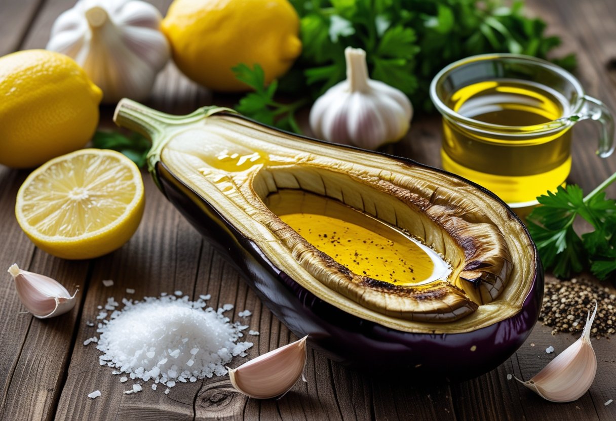 A wooden table with halved roasted eggplant, garlic cloves, lemons, tahini, olive oil, parsley, sea salt, and black pepper arranged together.