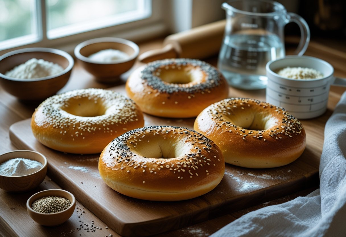 Freshly baked homemade bagels on a wooden cutting board surrounded by baking ingredients and tools in a kitchen.