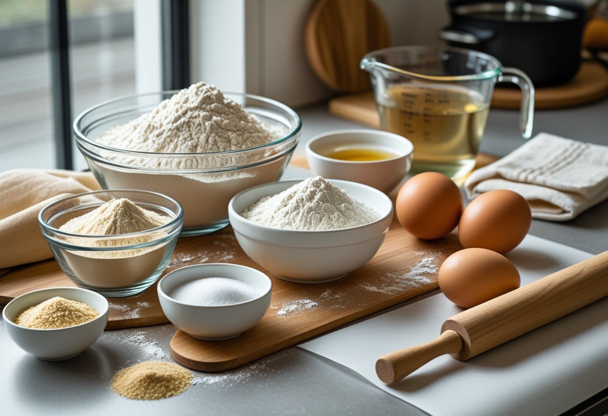 A kitchen countertop with ingredients and tools for making homemade bagels, including flour, yeast, eggs, sugar, salt, a wooden spoon, and a baking sheet.
