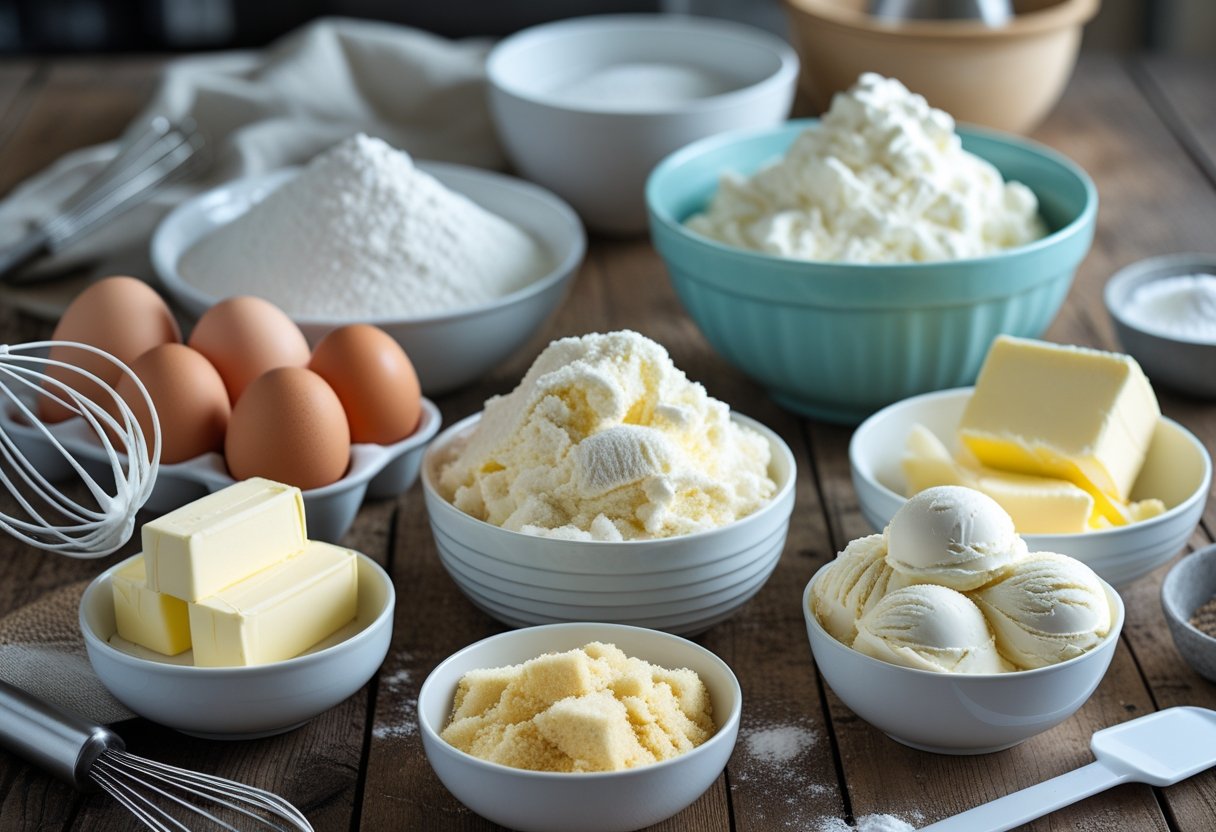 Ingredients for Baked Alaska recipe arranged on a wooden table including eggs, sugar, butter, flour, whipped egg whites, ice cream scoops, and cake pieces with kitchen tools.