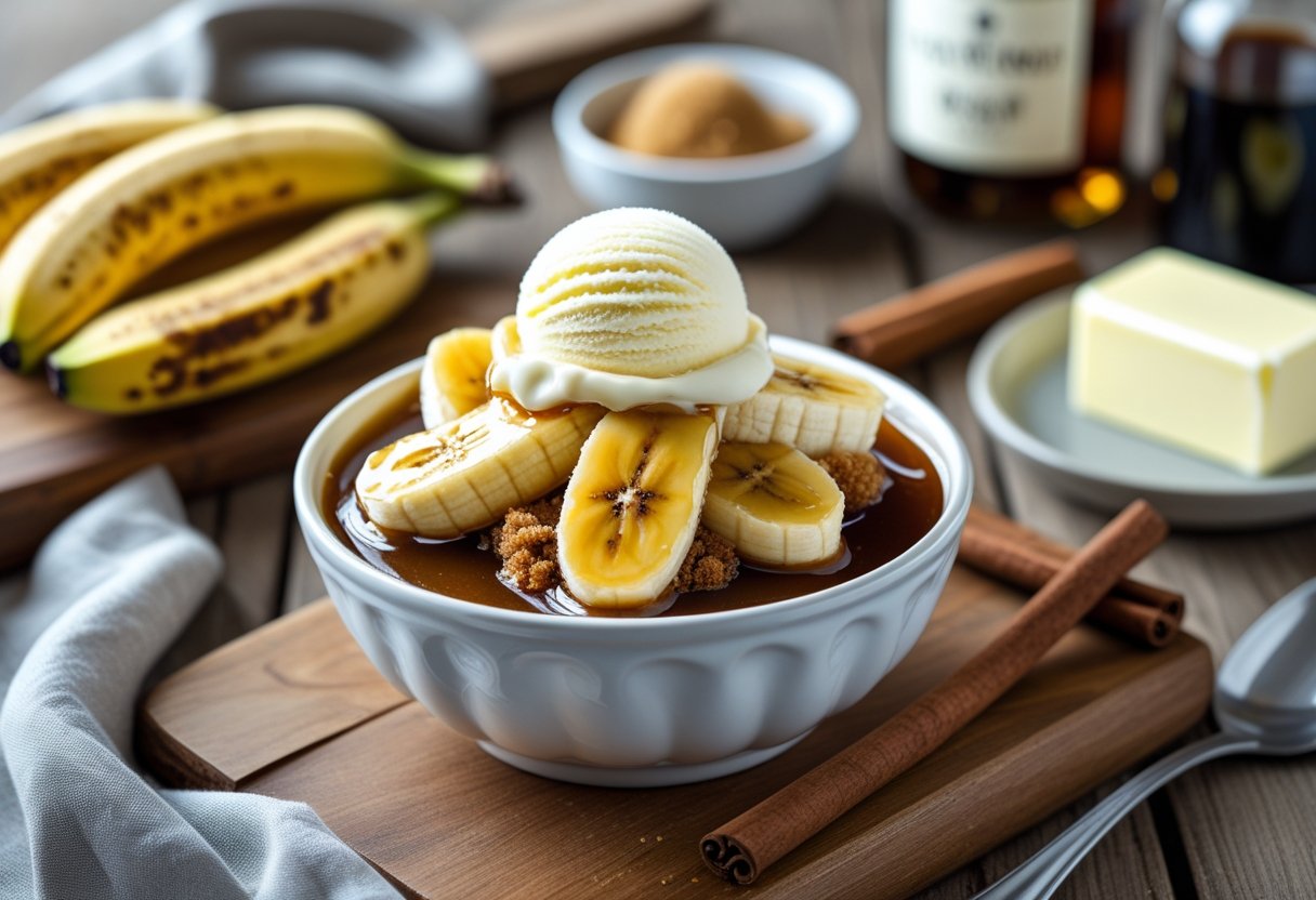 A bowl of Bananas Foster dessert with caramelized bananas and vanilla ice cream on a wooden table surrounded by ingredients like bananas, brown sugar, cinnamon stick, rum, and butter.