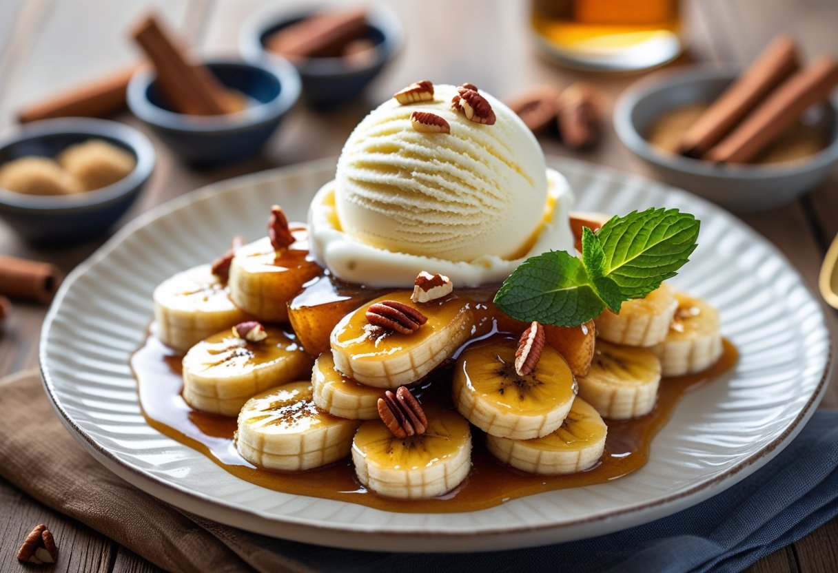 A plated Bananas Foster dessert with caramelized bananas, vanilla ice cream, pecans, and a mint garnish on a wooden table with small bowls of ingredients in the background.