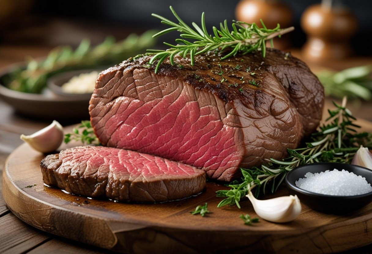 A cooked beef tenderloin on a wooden cutting board with herbs and garlic cloves around it.