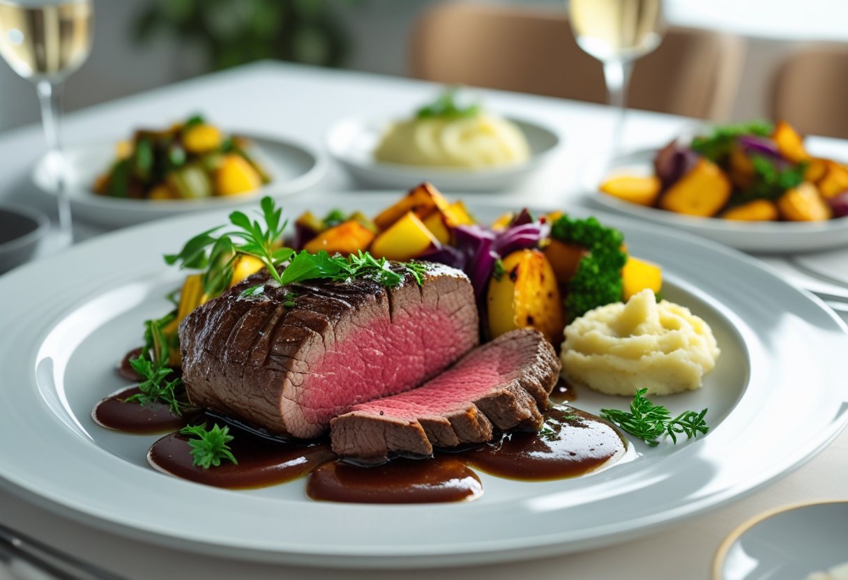 A plated beef tenderloin meal with sauces and side dishes on a dining table.